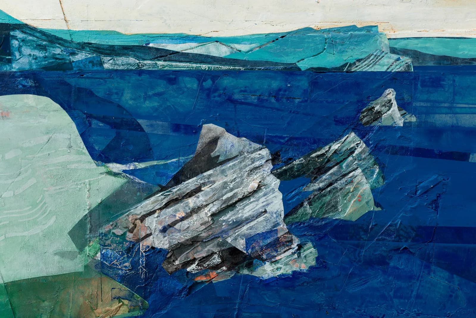 An abstract painting depicts blue water with several large, jagged gray and green rock formations, under a distant horizon of blue mountains and a pale sky.