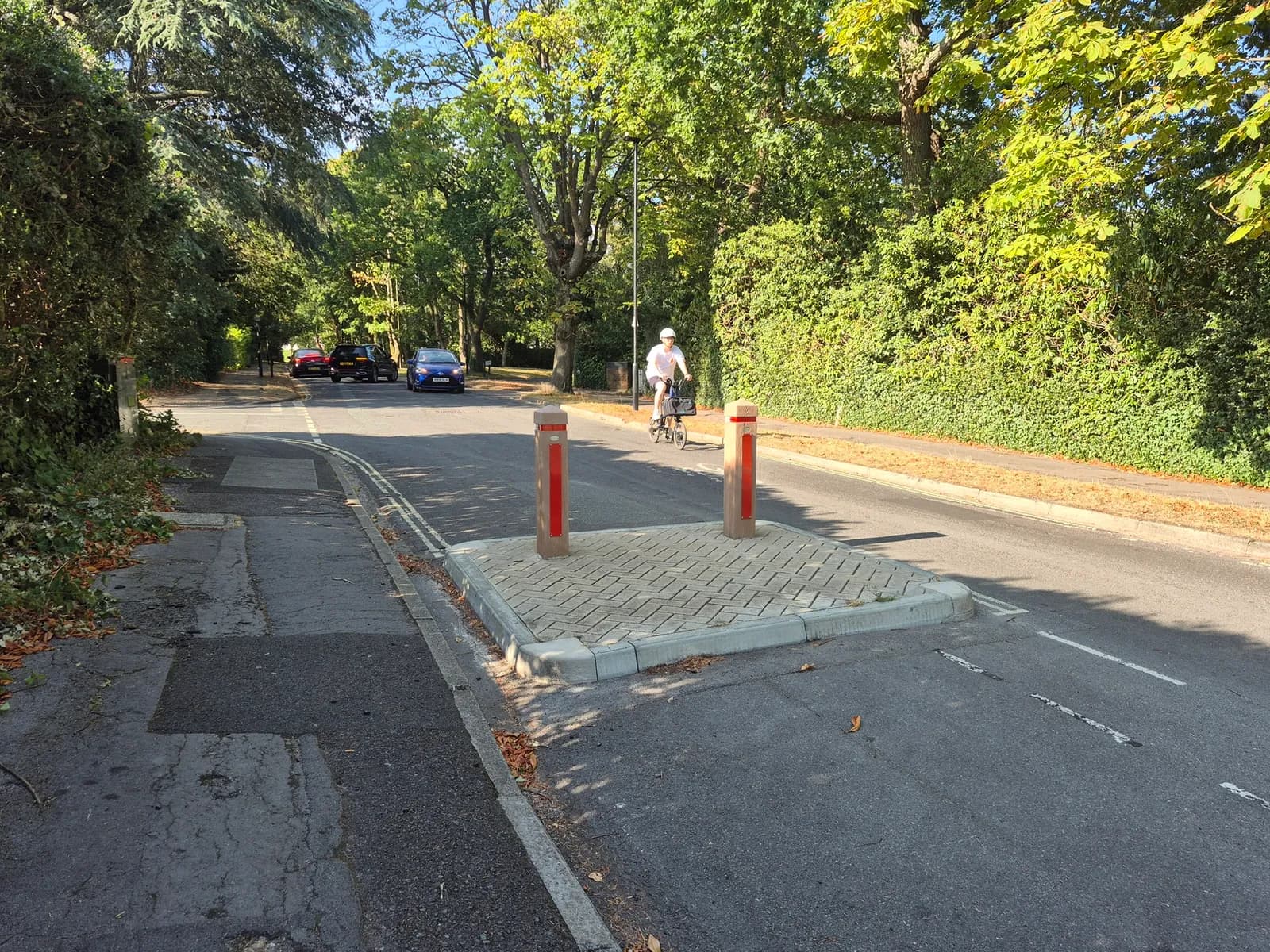 A person on a bicycle rides down a tree-lined street towards two red and brown bollards in the road.
